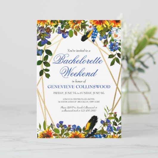 Boho Zonnebloem Blauw Bachelorette Weekend Reispla Kaart (Staand voorkant)