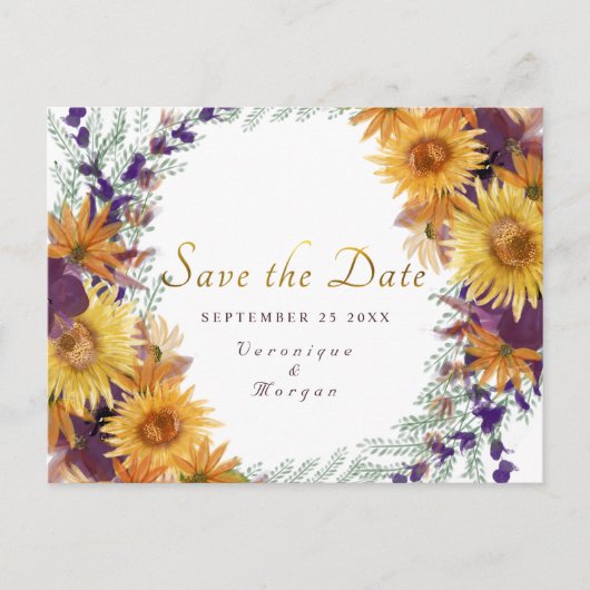 Boho zonnebloem bloemengoud script Save the Date Briefkaart (Voorkant)