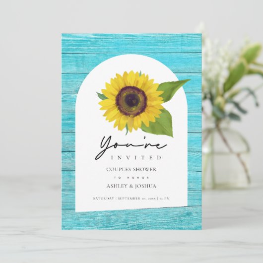 Boho Zonnebloem Bogen Blauwgroen Houten Koppels Do Kaart (Staand voorkant)