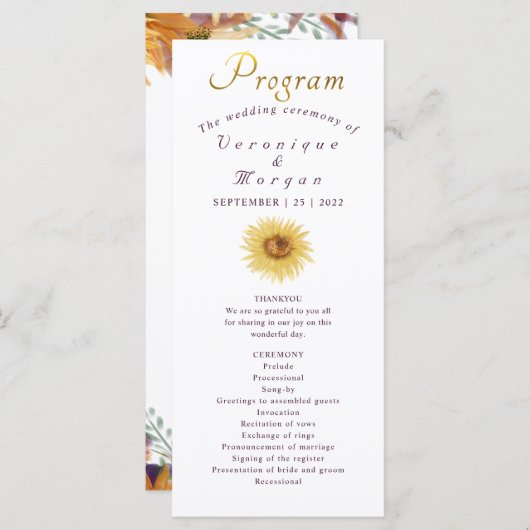Boho Zonnebloem bruiloft programma bloemengoud scr Programmakaart (Voorkant / Achterkant)