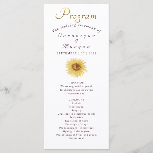 Boho Zonnebloem bruiloft programma bloemengoud scr Programmakaart (Voorkant)