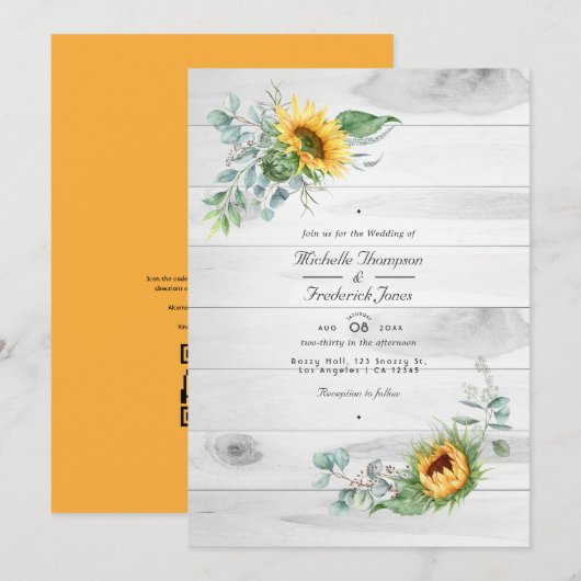 Boho Zonnebloem Eucalyptus QR Code RSVP Trouwen Kaart (Voorkant / Achterkant)