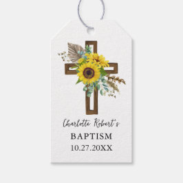 Boho Zonnebloem & Eucalyptus Rustic Kruis Doop Cadeaulabel