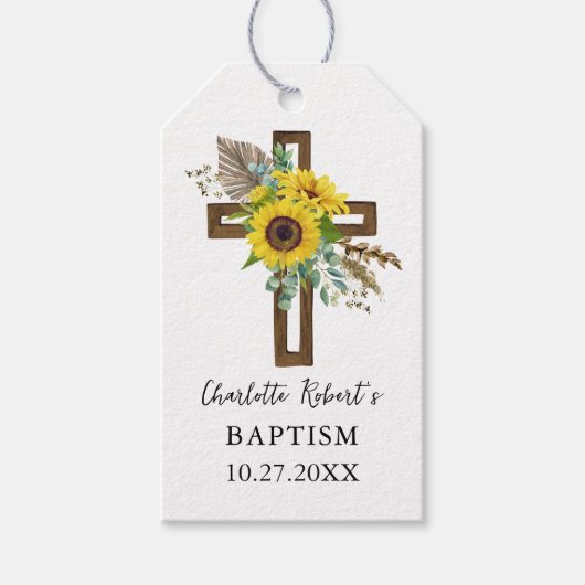 Boho Zonnebloem & Eucalyptus Rustic Kruis Doop Cadeaulabel (Voorkant)