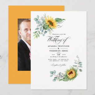 Boho Zonnebloem Eucalyptus Trouwfoto Kaart