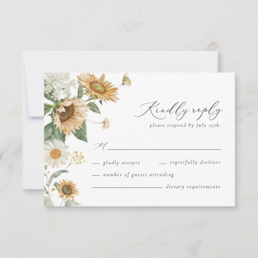Boho Zonnebloem Gouden Stralen Bloemen Elegante Br RSVP Kaartje (Voorkant)