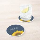 Boho Zonnebloem Marine Blauw Elegant Bloemen Zandsteen Onderzetter (Zijkant)