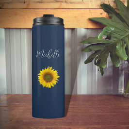 Boho Zonnebloem Marine Blauw Elegant gepersonalise Thermosbeker