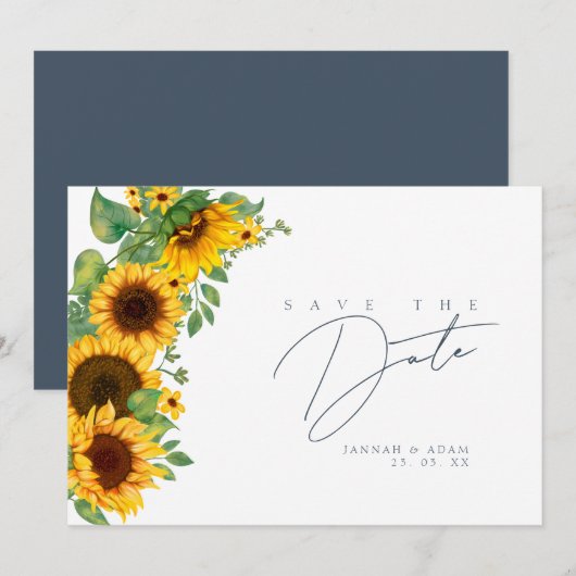 Boho Zonnebloem Monogram Leisteen Blauwe Trouw Save The Date (Voorkant / Achterkant)
