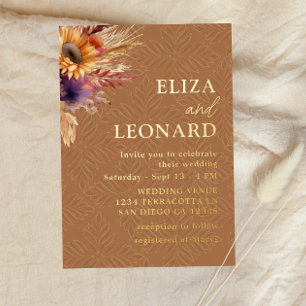 Boho Zonnebloem Pampas Grass Wedding Folie Uitnodiging