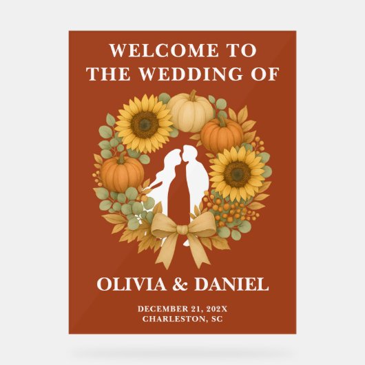 Boho Zonnebloem Pompoen Krans Fall Wedding Acryl Bord (Voorkant)