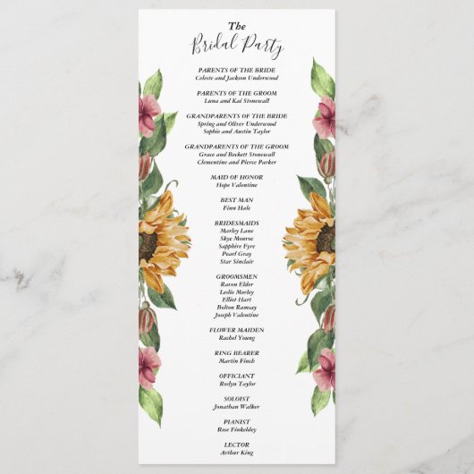 Boho Zonnebloem Rustieke Bruiloft Bruidsfeest Flat Programmakaart (Achterkant)