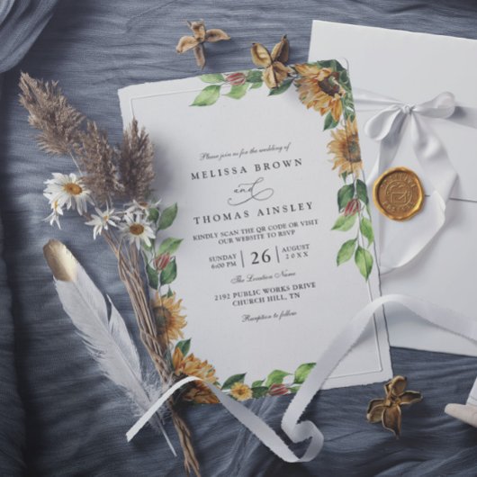 Boho Zonnebloem Rustieke Elegante QR Code Trouwen Kaart