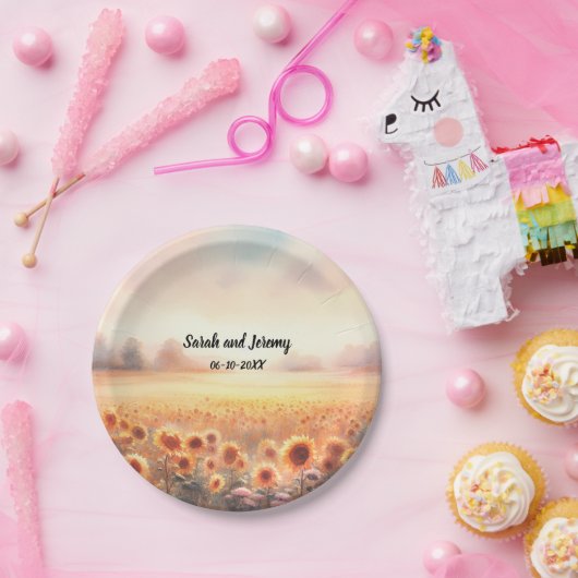 Boho zonnebloem rustieke Waterverf land bruiloft Papieren Bordje (Feest)