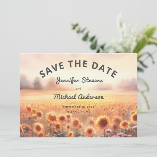 Boho zonnebloem rustieke Waterverf land bruiloft Save The Date (Staand voorkant)