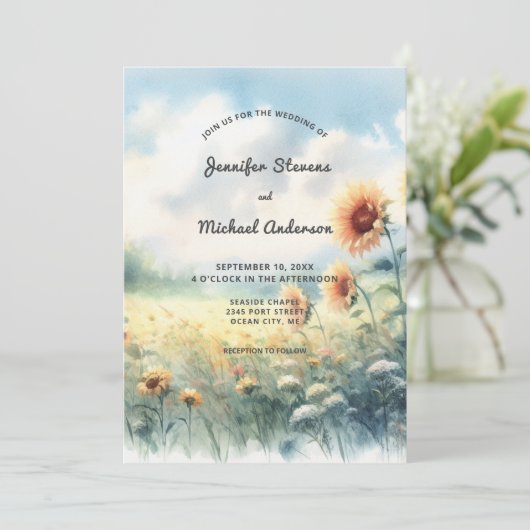 Boho Zonnebloem Waterverf Rustiek Land Bruiloft Kaart (Staand voorkant)