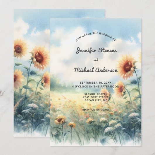 Boho Zonnebloem Waterverf Rustiek Land Bruiloft Kaart (Voorkant / Achterkant)