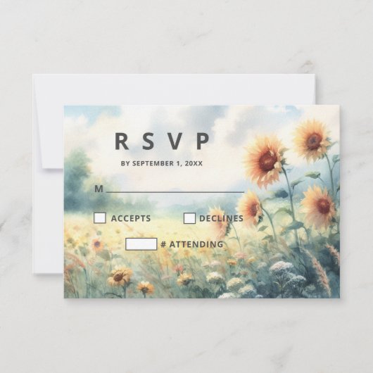 Boho Zonnebloem Waterverf Rustiek Land Bruiloft RSVP Kaartje (Voorkant)