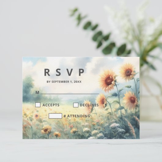 Boho Zonnebloem Waterverf Rustiek Land Bruiloft RSVP Kaartje (Staand voorkant)