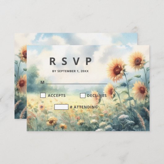 Boho Zonnebloem Waterverf Rustiek Land Bruiloft RSVP Kaartje (Voorkant / Achterkant)
