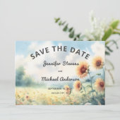 Boho Zonnebloem Waterverf Rustiek Land Bruiloft Save The Date (Staand voorkant)