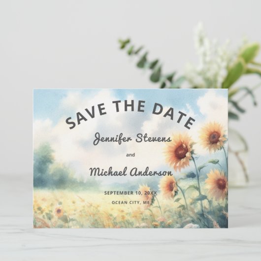 Boho Zonnebloem Waterverf Rustiek Land Bruiloft Save The Date (Staand voorkant)
