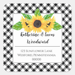 Boho Zonnebloemen   BW Buffalo Check Retouradres Vierkante Sticker