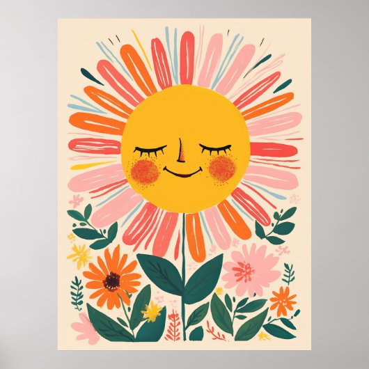 Boho Zonnebloemen Cute Bloem Illustratie Poster (Voorkant)