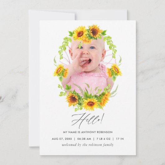 Boho Zonnebloemen Geboorte Aankondiging Fotokaart (Voorkant)