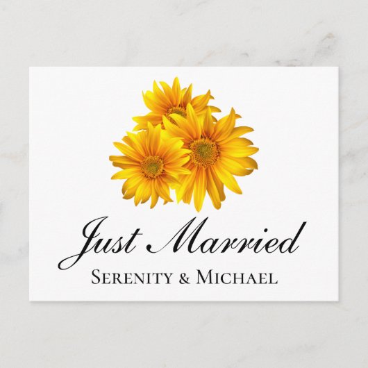Boho zonnebloemen geel bloemen net getrouwd bruilo aankondigingskaart (Voorkant)