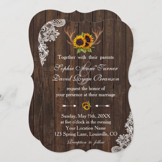 Boho Zonnebloemen Geweih Kant Houten Bruiloft Kaart (Voorkant / Achterkant)