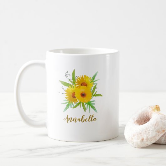 Boho zonnebloemen met naam cadeau  koffiemok (Met donut)