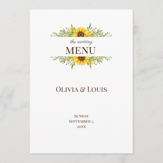 Boho zonnebloemen romantisch zomerse bruiloft menu (Voorkant)