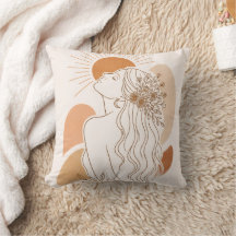 Boho Zonnegodin – Minimaal Lijnkunst Kussen