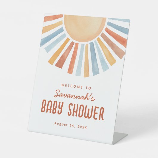 Boho Zonneschijn Neutrale Welkom Baby Shower Reclamebord Met Voetstuk (Voorkant)