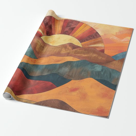 Boho zonsondergang over bergen - Retro aards lands Cadeaupapier (Uitgerold)