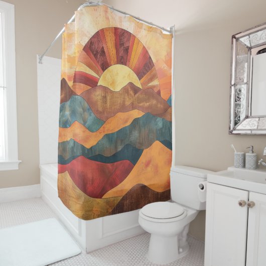 Boho zonsondergang over bergen - Retro aards lands Douchegordijn (In situ)