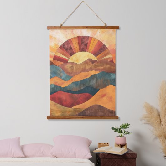Boho zonsondergang over bergen - Retro aards lands Hangend Wandkleed (Slaapkamer)