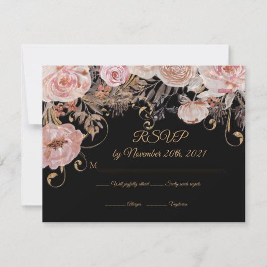 Boho Zwart Bloemmotief Roze Roze Goud RSVP Maatwer (Voorkant)
