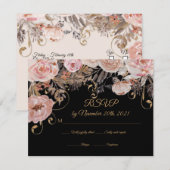 Boho Zwart Bloemmotief Roze Roze Goud RSVP Maatwer Kaartje (Voorkant / Achterkant)