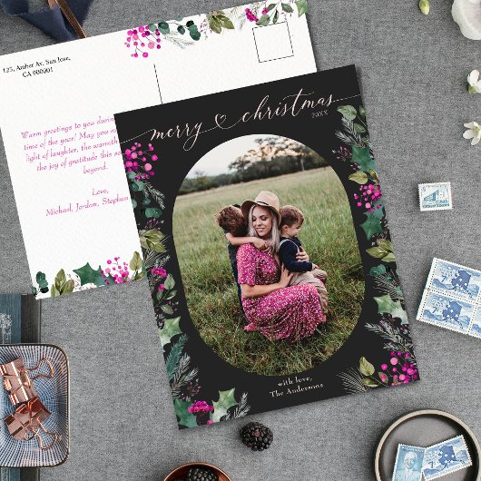 Boho Zwart & Blush Roze Elegant Kerst Briefkaart