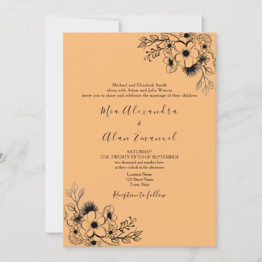 Boho Zwart en Sinaasappel Alles in een bruiloft Kaart (Voorkant)