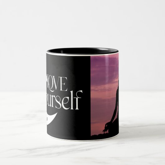 Boho Zwart en Wit Hou van Jezelf Custom Photo Tweekleurige Koffiemok (Center)