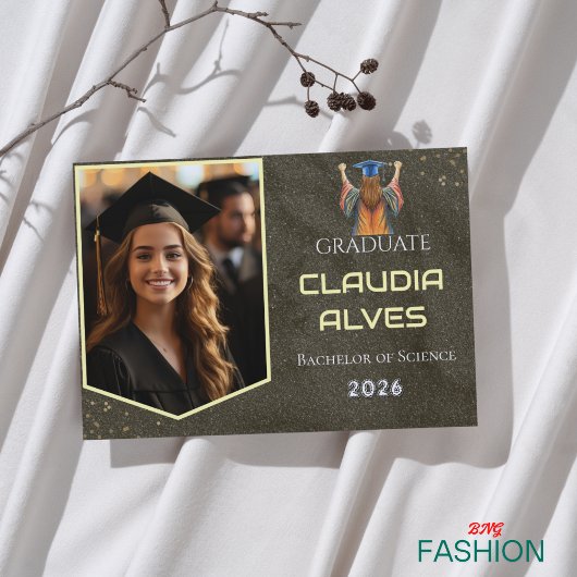 Boho Zwart & Goud Vintage met Foto Afstuderen Aankondiging