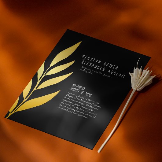 Boho Zwart Gouden Folie Botanische Bruiloft Folie Uitnodiging