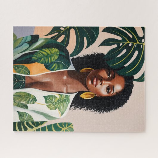 Boho Zwart Vrouw Botanisch Portret Legpuzzel (Horizontaal)