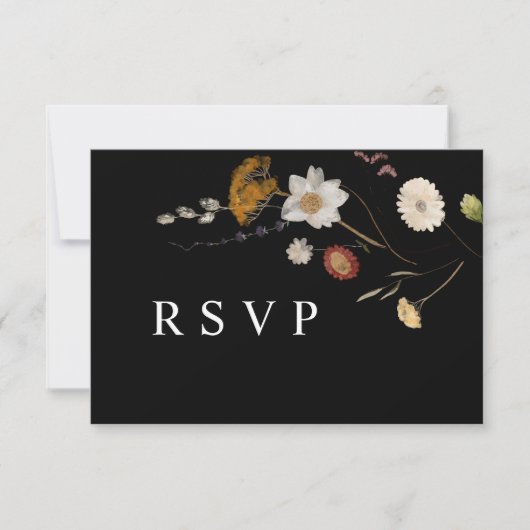 Boho Zwart Wildflower Bruiloft RSVP QR Code Kaart Notitiekaartje (Voorkant)