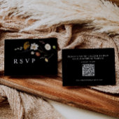 Boho Zwart Wildflower Bruiloft RSVP QR Code Kaart Notitiekaartje
