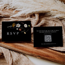 Boho Zwart Wildflower Bruiloft RSVP QR Code Kaart