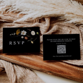 Boho Zwart Wildflower Bruiloft RSVP QR Code Kaart Notitiekaartje